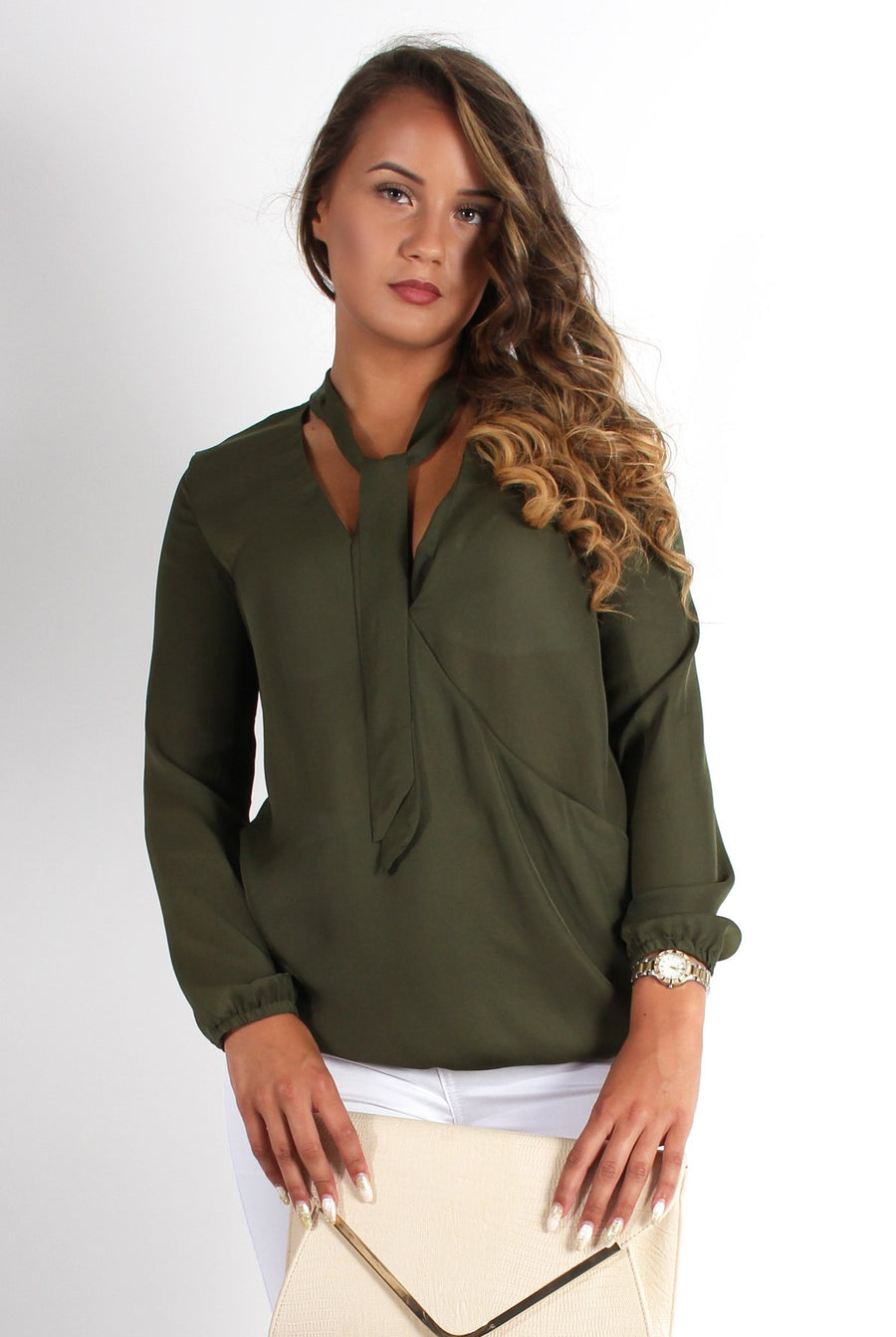 Lottie Khaki V Front Tie Neck Shirt-Shirts