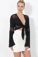 Luccie Black Crochet Tie Front Top-Tops
