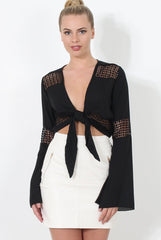 Luccie Black Crochet Tie Front Top-Tops