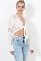 Luccie White Crochet Tie Front Top-Tops