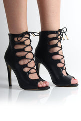 Lucia Black PU Lace Up Heels-Heels