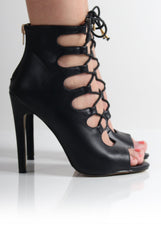 Lucia Black PU Lace Up Heels-Heels