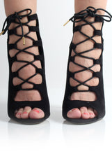 Lucia Black Suede Lace Up Heels-Heels