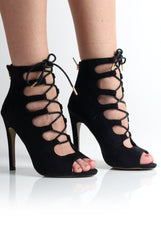 Lucia Black Suede Lace Up Heels-Heels