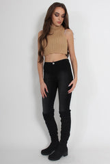 Lucy Beige Knitted High Neck Top-Tops