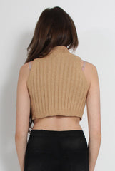 Lucy Beige Knitted High Neck Top-Tops