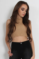 Lucy Beige Knitted High Neck Top-Tops