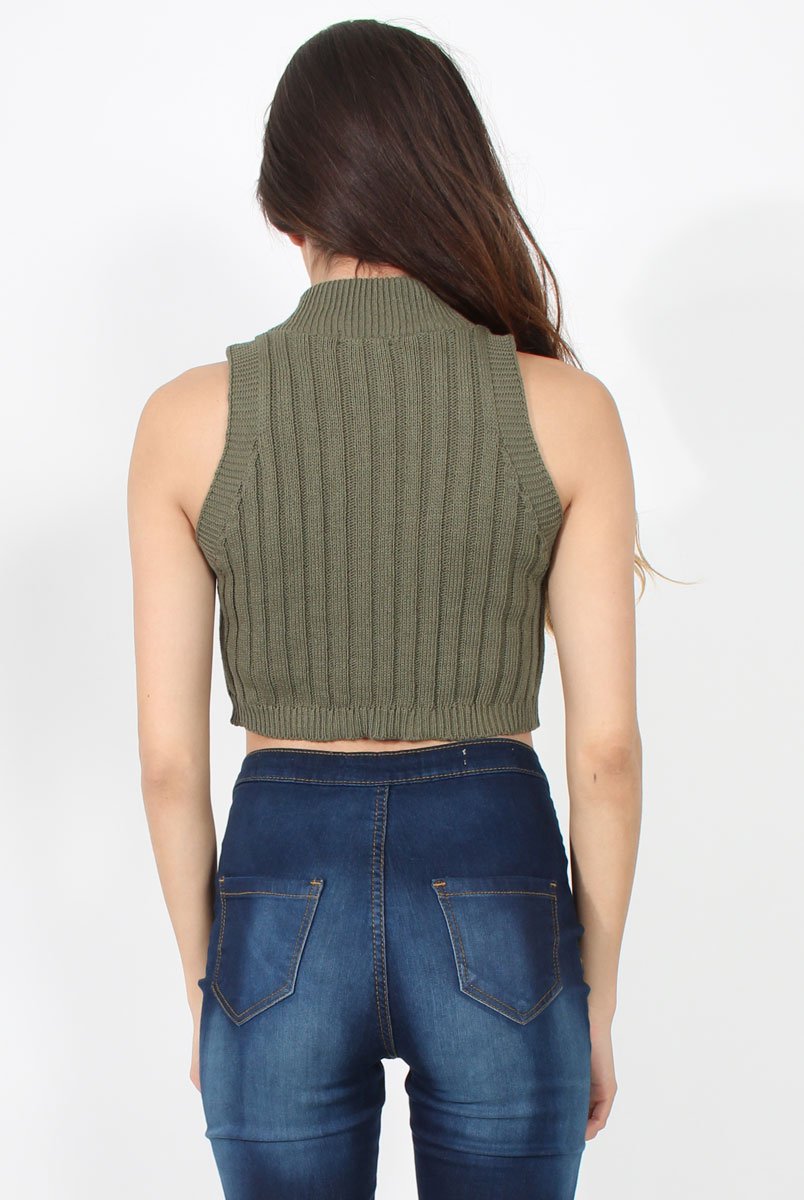 Lucy Khaki Knitted High Neck Top-Tops
