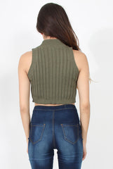 Lucy Khaki Knitted High Neck Top-Tops