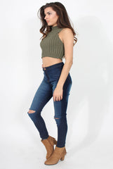 Lucy Khaki Knitted High Neck Top-Tops