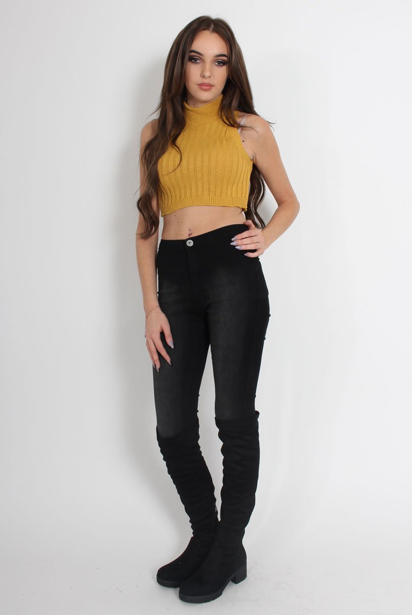 Lucy Mustard Knitted High Neck Top-Tops