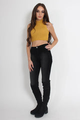 Lucy Mustard Knitted High Neck Top-Tops