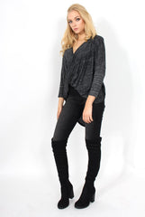Macy Dark Grey Cross Over Dropped Hem Top-Tops