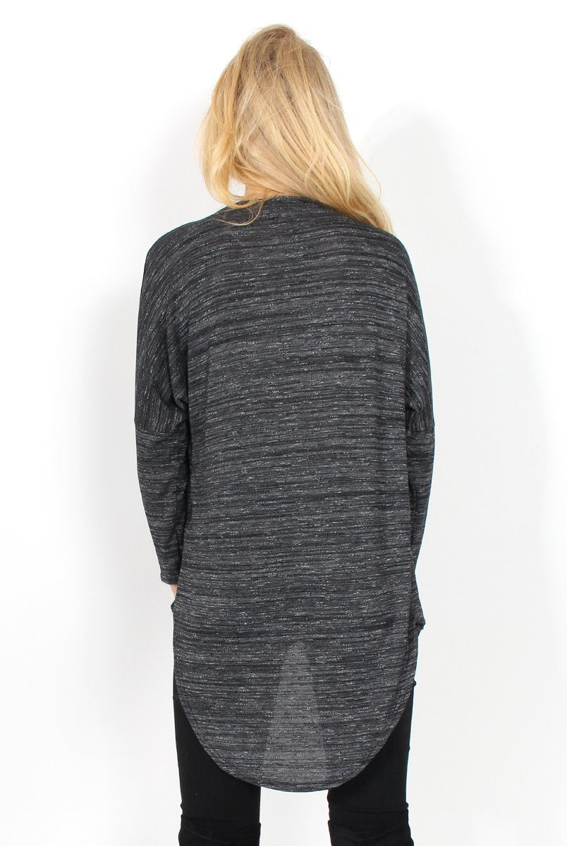 Macy Dark Grey Cross Over Dropped Hem Top-Tops