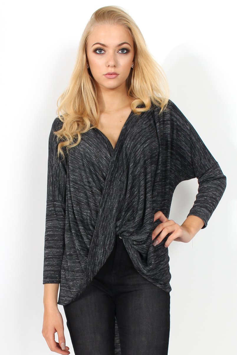 Macy Dark Grey Cross Over Dropped Hem Top-Tops