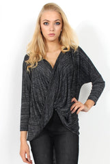 Macy Dark Grey Cross Over Dropped Hem Top-Tops