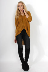 Macy Mustard Cross Over Dropped Hem Top-Tops