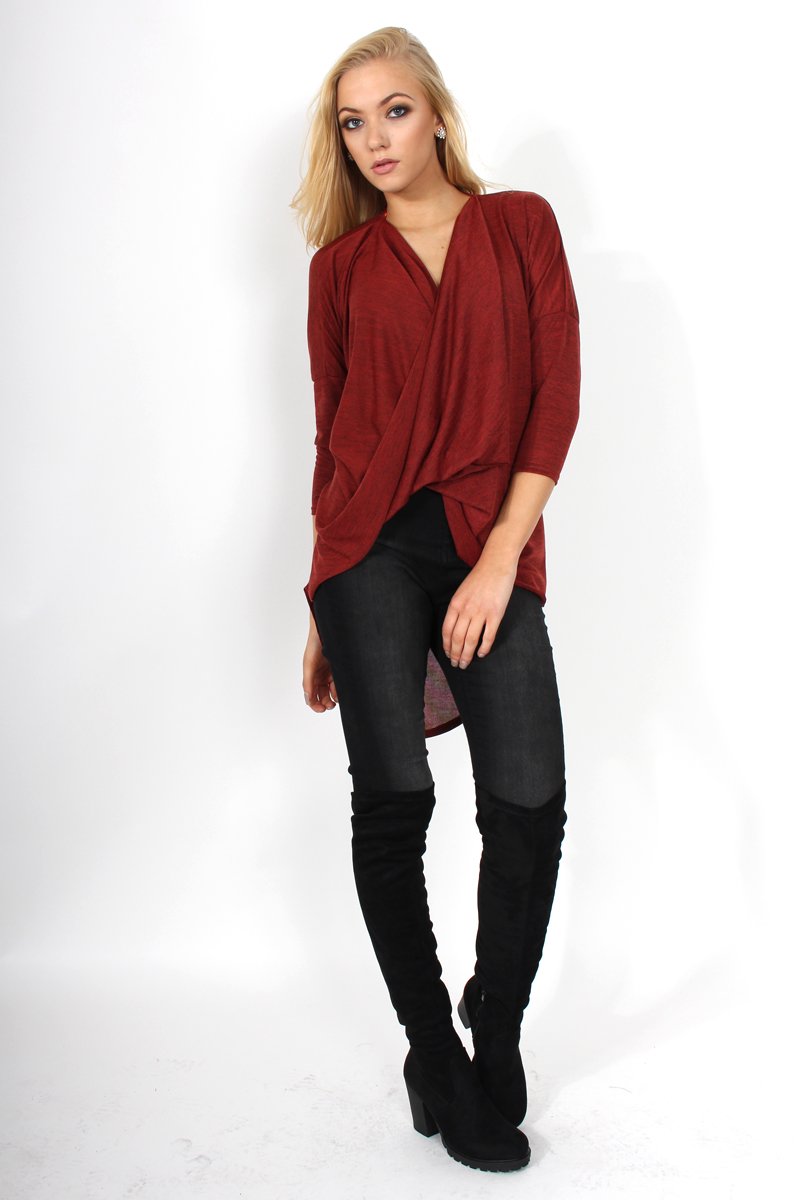 Macy Rust Cross Over Dropped Hem Top-Tops
