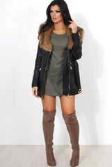 Madi Black PU Faux Fur Belted Jacket-Jackets