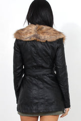 Madi Black PU Faux Fur Belted Jacket-Jackets