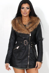 Madi Black PU Faux Fur Belted Jacket-Jackets
