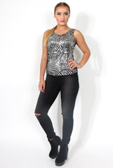Madison Silver Sheer Sequin Top-Tops