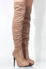 Mara Beige Suede Over The Knee Boots-Boots