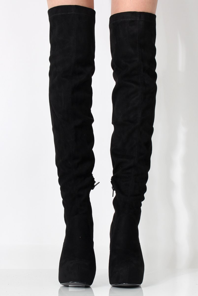 Mara Black Suede Over The Knee Boots-Boots