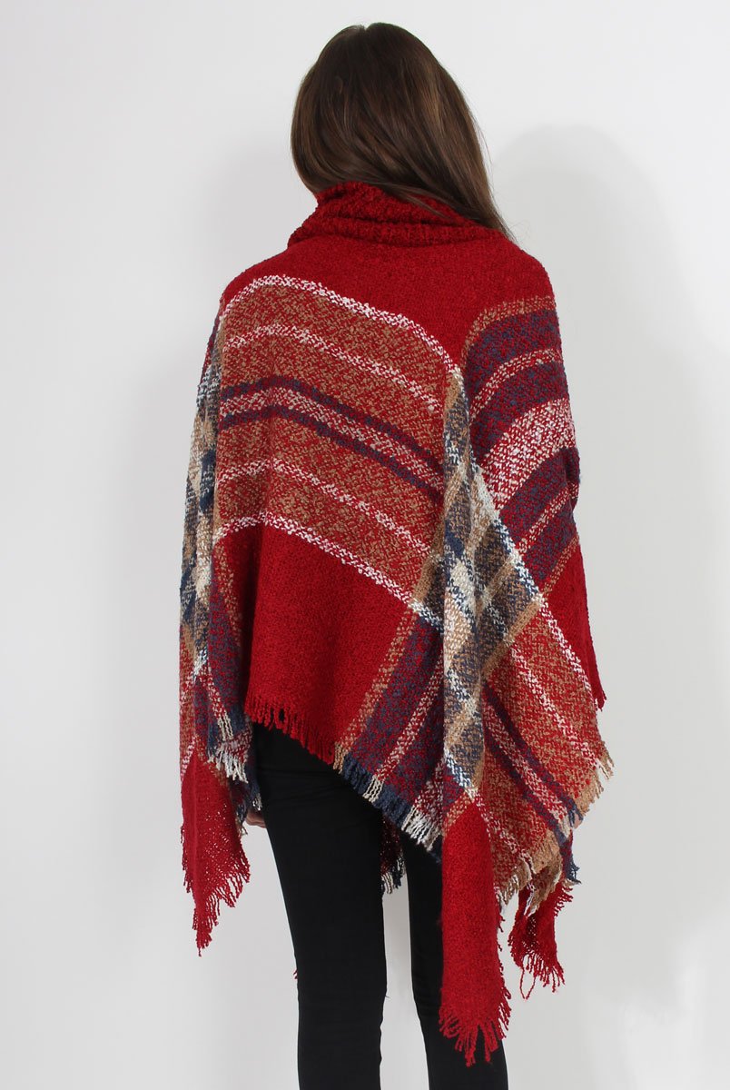 Maria Red Knitted Roll Neck Poncho-Dresses