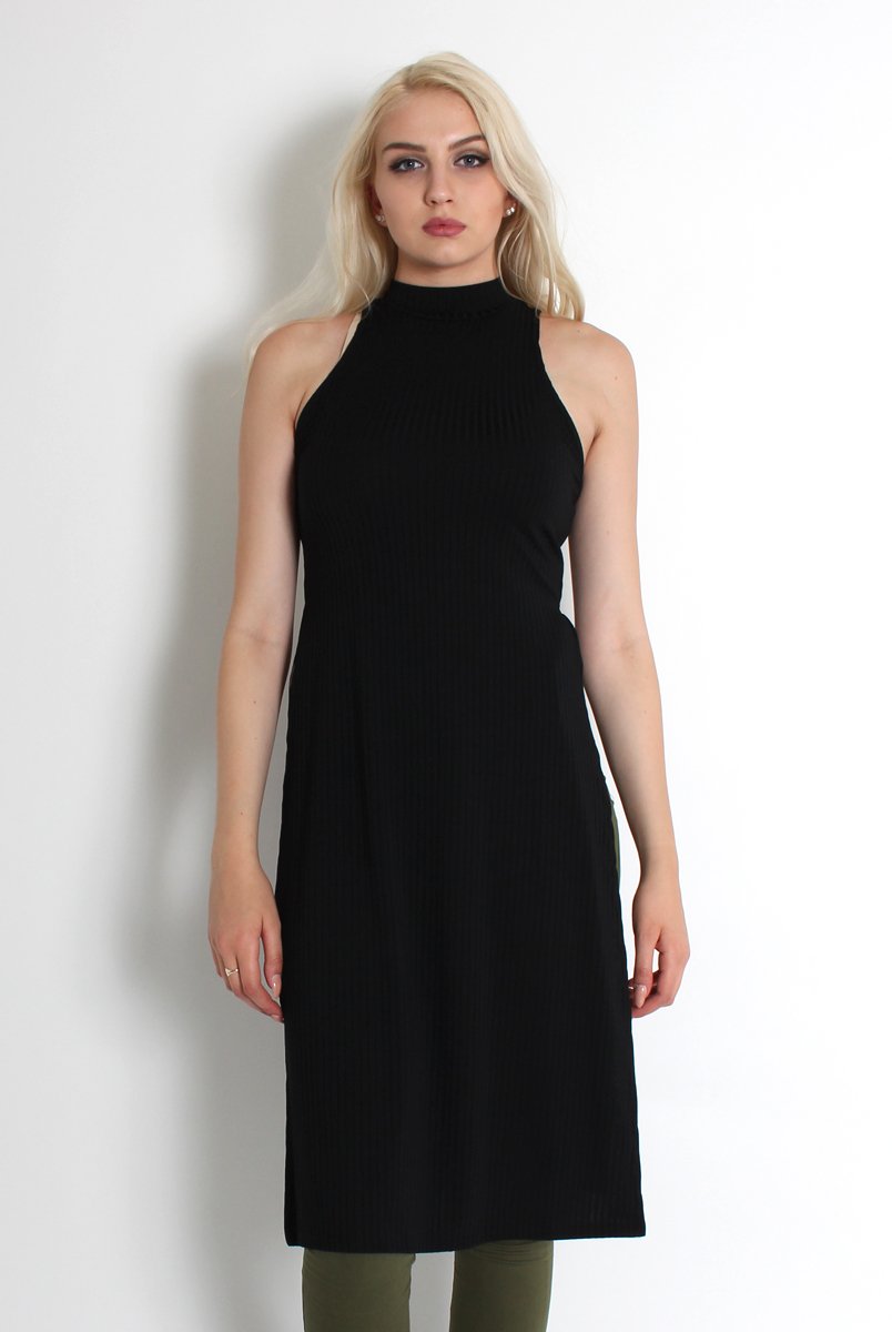 Mariah Black Ribbed Split Side Top-Tops