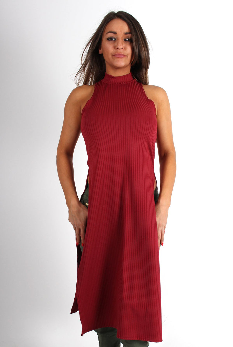 Mariah Ribbed Side Split Top Wine-Tops