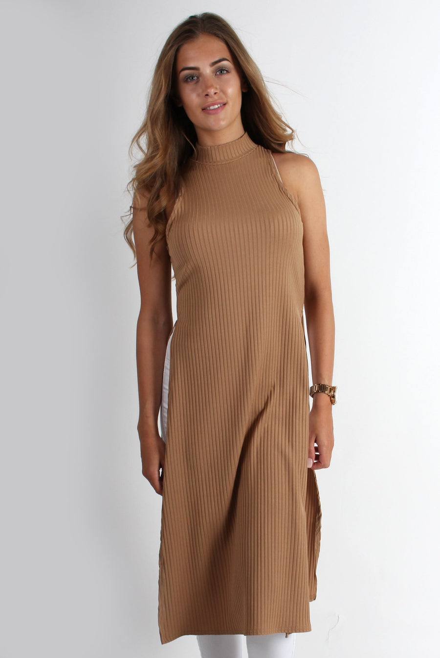 Mariah Ribbed Split side Camel Top-Tops
