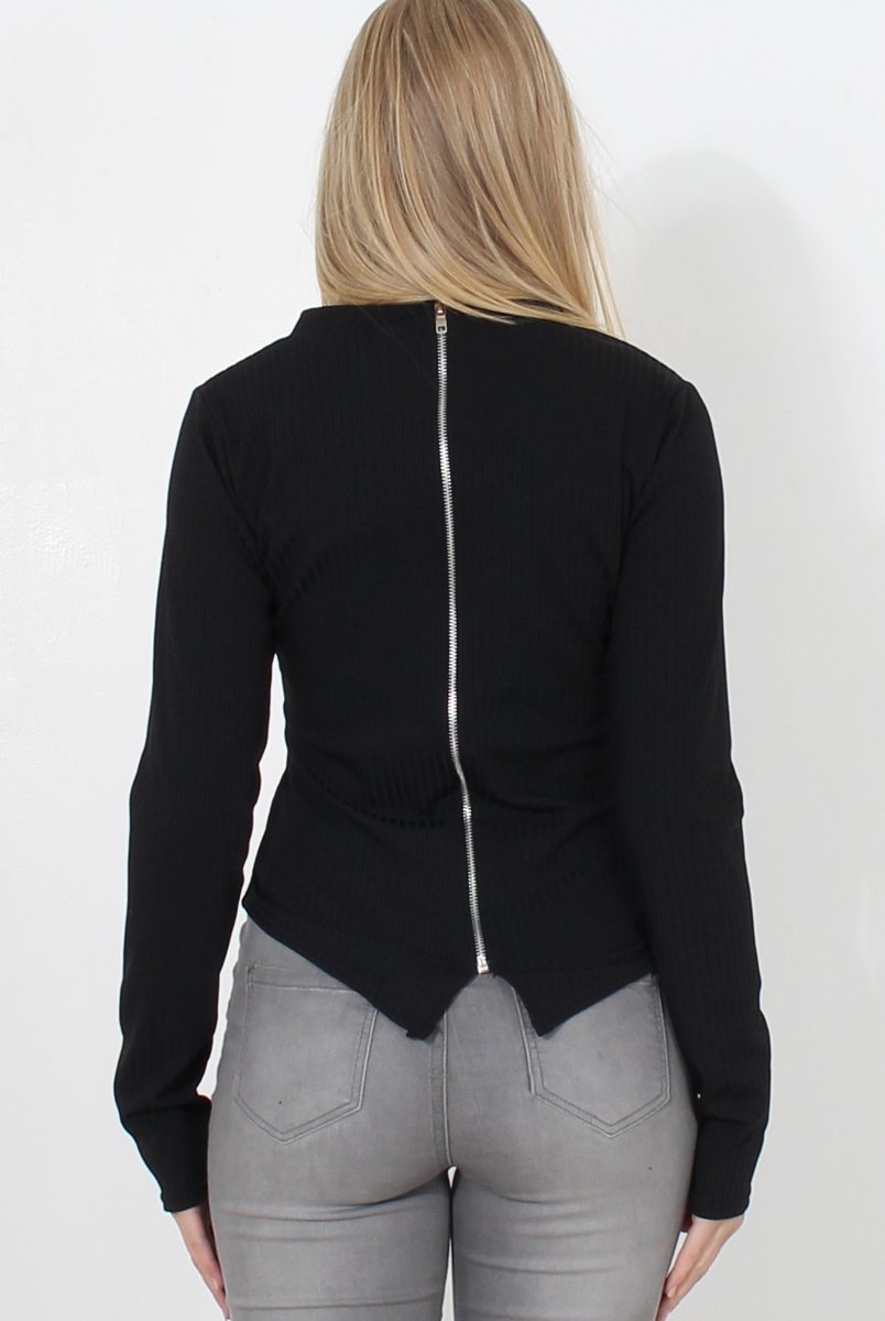 Marnie Back Ribbed Zip Back Top-Tops