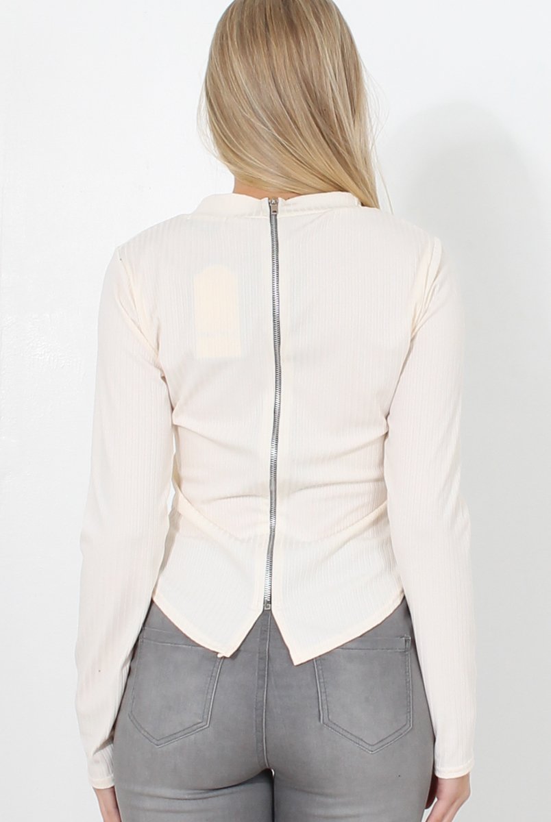Marnie Cream Ribbed Zip Back Top-Tops
