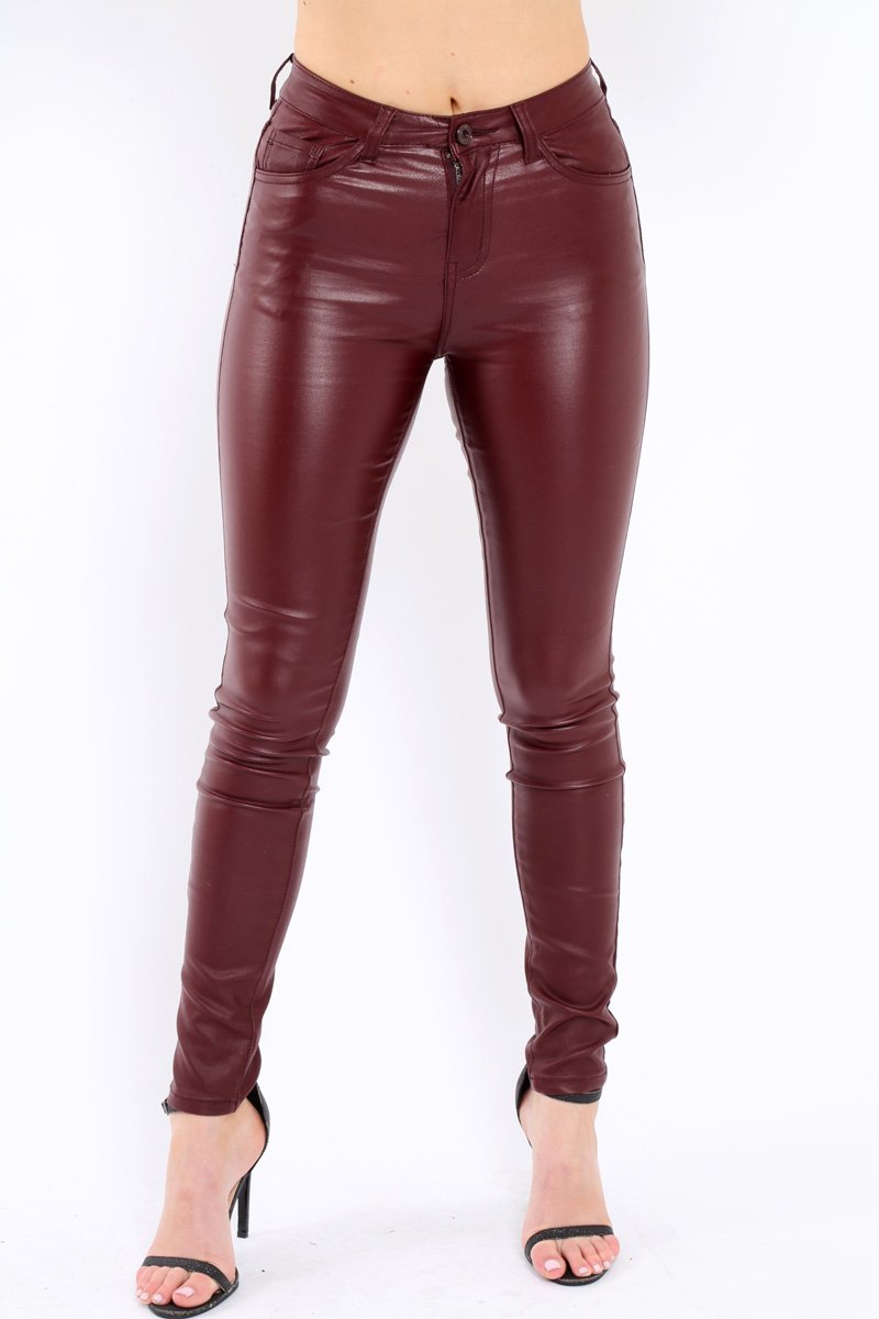 Maroon Coated Skinny Jeans - Teya-Jeans