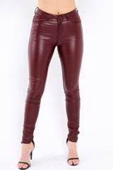 Maroon Coated Skinny Jeans - Teya-Jeans