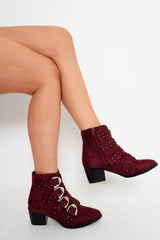 Maroon Faux Suede Multi Buckle Ankle Boots - Sissy-Boots