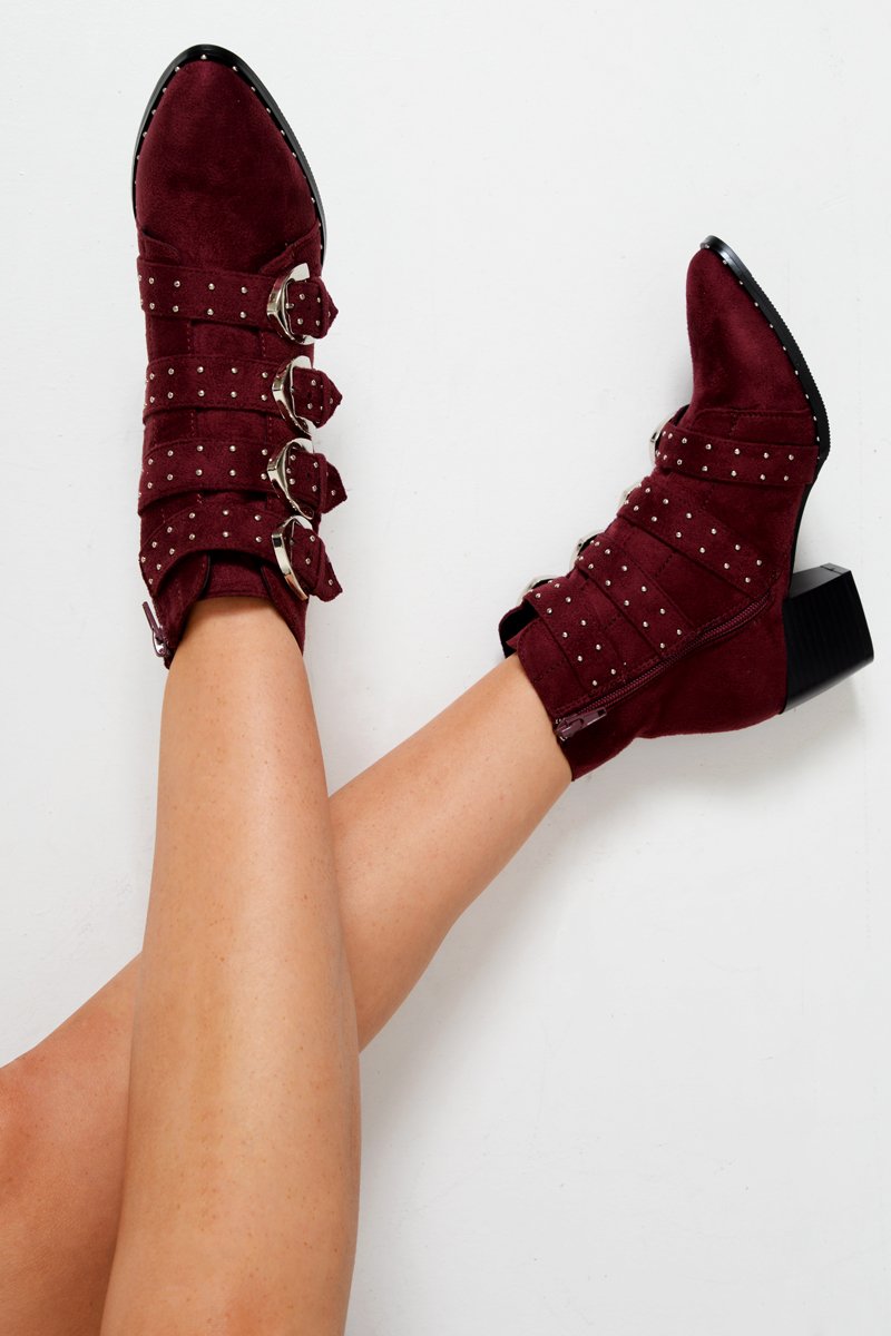 Maroon Faux Suede Multi Buckle Ankle Boots - Sissy-Boots