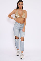 Matt Gold Embellished Sequin Tie Back Halterneck Bralet -Gemini-Bralets