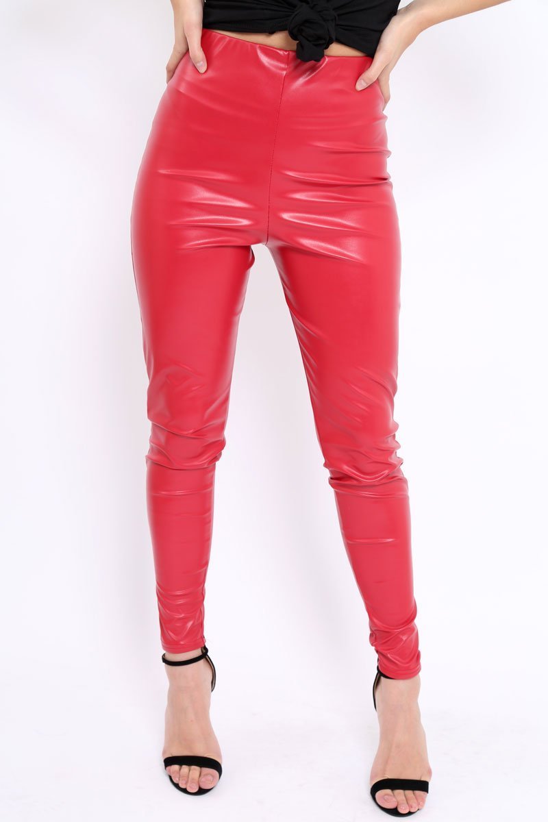 Matte Red PU Leggings - Rio-Trousers