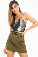 Matte Silver Sequin Tassel Front Plunge Crop Top - Stella-Crop Tops