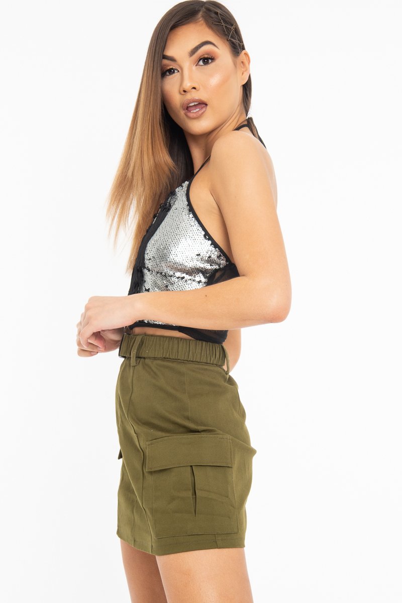 Matte Silver Sequin Tassel Front Plunge Crop Top - Stella-Crop Tops
