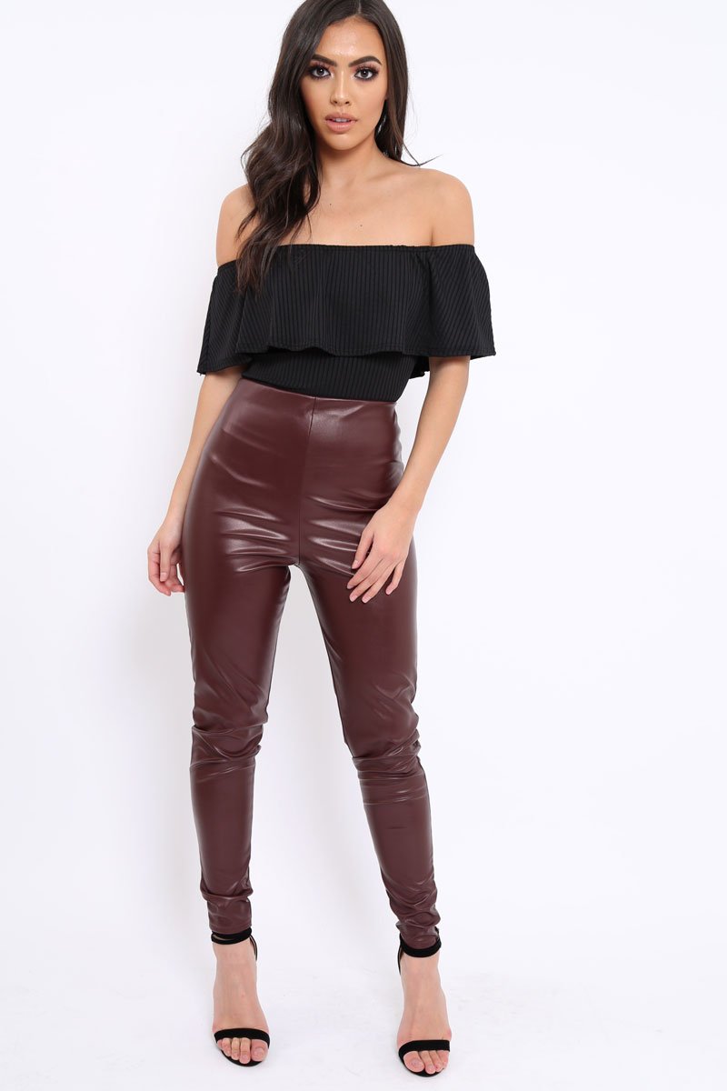 Matte Wine PU Leggings - Rio-Trousers