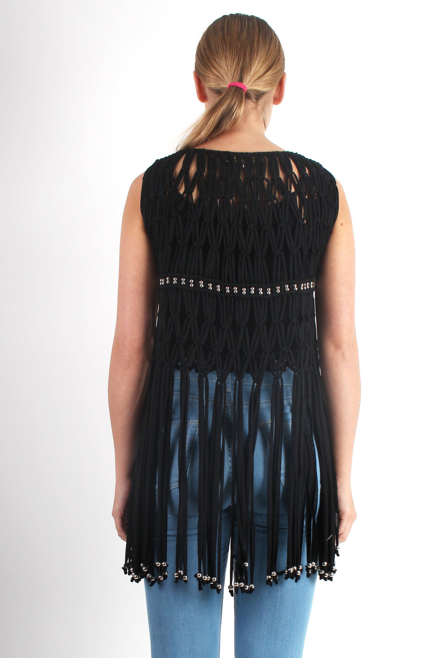 Matti Black Sleeveless Fringe Jacket-Jackets