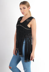 Matti Black Sleeveless Fringe Jacket-Jackets