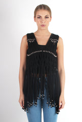 Matti Black Sleeveless Fringe Jacket-Jackets