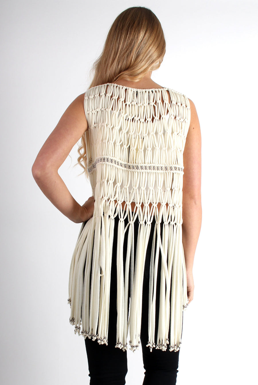Matti Cream Sleeveless Fringe Jacket-Jackets