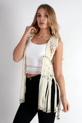 Matti Cream Sleeveless Fringe Jacket-Jackets
