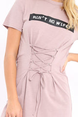 Mauve 'Ain't No Wifey' Slogan T-Shirt Corset Dress - Natalie-Dresses