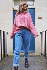 Mauve Cable Knit High Neck Oversized Jumper - Kiyla-Knitwear